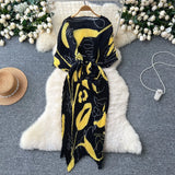 High-End Dress Women Design Feel Strapped Waist Bat Sleeve Pressure Fold Printing Irregular Dress