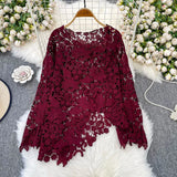 Cut-Cut Pattern Round-Neck Long-Sleeved Lace Women's Shirt 2025 Summer High-End Elegant
