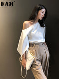 Women White Elegant Blouse New Skew Collar Three-quarter Sleeve Loose Fit Shirt Fashion Tide Spring Summer 2023