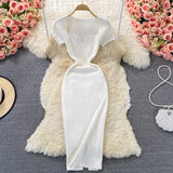 Thin Collar Knitted Dress Short Sleeve 2025 Summer New Temperament Sexy Hot Ass Long
