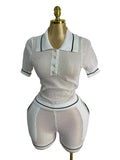 Hollow Knitted Two-Piece Collar Short-Sleeved Umbilled Blouse + High-Waisted Shorts Sports Leisure Set Spring