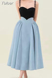 2023 Autumn Women's Dress New Fashion Beading Strap Slim Contrast Color Mid-calf A-line Dresses Elegant Female Tide