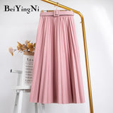 Korean Style Pleated Midi Skirt Women Casual New Fashion High Elastic Waist Skirts Black Pink Elegant Skirt Belt