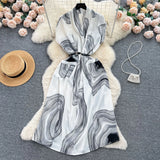 Luxury Retro V-Neck Print Dress Women's Summer French Tamped Loose Thin Long Shirt