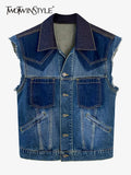 Streetwear Denim Vest For Women Lapel Sleeveless Patchwork Pockets Solid Casual Vests Female Clothing Summer