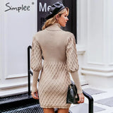 Party Turtleneck long cable knitted women pullover sweater dress Vintage autumn winter lantern sleeve female outwear