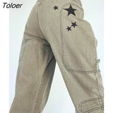 American Retro Star Print Women Jeans Casual Harajuku Pocket Up Bandage Baggy Pants High Street Low Rise Stright