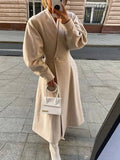 Women V-neck Bubble Sleeve Woolen Coat Casual Mid-length Tweed Jacket Coat 2022 Autumn Female Elegant Thicken Streetwear