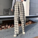 Pants Women Wide Leg Loose 4XL Plus Size Slacks Trousers Checkered High Elastic Waist All-match Girl 2021 Spring