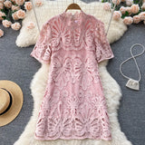 Straight Summer Women Lace Dress 2022 Zipper Sexy Hollow Out Slim Vacation Ladies French Style Midi