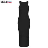 Puss Multilayer Women Sexy Hollow Out Skinny Party Maxi Dresses Activity Asymmetry Sleeveless Streetwear Stretchy