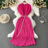 Temperament Heavy Industry Pearl Wood Ear Round Collar Dress Women's Summer New Waist Thin 100 Folded Long