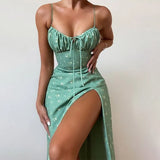 party Ditsy Floral Ruched Bust Knot Front Split Thigh Cami Dress Womens Summer Print Street Style Sleeveless Dress Robe