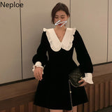 Dress for Women Chic Peter Pan Collar Vintage Vestidos De Mujer Slim Waist Ruffles Velvet Korean Dresses Temperament
