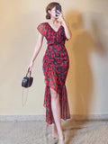 TWOTWINSTYLE Sexy Print Floral Sling Dress For Women V Neck Short Sleeve High Waist Colorblock Midi Dresses Female Summer