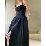 New Texture Jacquard Vintage Black Spaghetti Strap Square Collar A-Line Ankle-Length Dresses