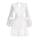 TWOTWINSTYLE White Lace Up Dress For Women V Neck Long Sleeve Cut Out Solid Elegant Mini Dresses Female Clothes Fashion New