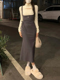 Autumn 2 Piece Dress Set Women Elegant Bodycon Midi Dress Female Y2k Clothing Korean Fashion Knitted Sweater + Strap