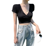 Toloer T-Shirt Female 2024 Summer New Deep V Collar Outside Wear Low Chest Korean Version Slim Crop Short Style Student Top