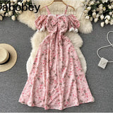 Women Casual Summer Female Fashion Strap Dress Slash Neck Korean Floral Sundress Ladies Lace Party Beach Long
