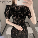 Temperament Robe Femme Vintage Slim Sexy Chic Woman Dress O-neck Short Sleeve Lace Black Vestido Femme Bodycon Mini