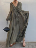 for Women 2022 Summer Casual Fashion V-neck Button Bright Pleated Folds Loose Large Swing Long Dress for Women