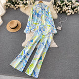 Print Fashion Casual Two Pieces Suits Long Sleeves Blouse+ Hight Waist Wide Leg Long Pants Office Lady Autumn