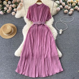 French Pleated Women Dress V Neck Short Sleeve Waist Sheath Dress Female Retro Belt Streetwear Fashion Long