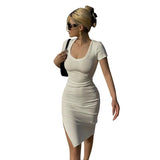 Toloer Women's Wear 2023 Round Neck Short Sleeve Regular Show Thin Wrap Buttock Skirt Slit Hipster Dress Summer-Outfit