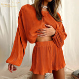 Fashion Blue Pleated Womens Two Peice Sets Casual Loose Long Sleeve Shirt Matching Shorts Set Elegant Home Female