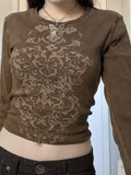 Rib Long Sleeve Printed Crop Top-Outfit