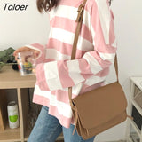 Sleeve T-shirts Women Spring Striped Loose 2XL Korean Style All-match Casual Womens Trendy Ins Teens Street Wear Simple