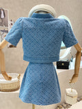 Summer New Street Fashion Women's Suit With Skirt Denim Short Sleeve Top Sweet Girl Female Blue Plaid Skirt 2 Piece