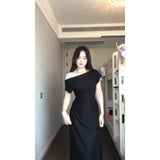 Pure Desire Short Sleeves Slanted Shoulder Fork Dress Temperament Slimmed Fashion Temperament Shoulder Long
