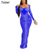 Women's Gown Rave Partywear Dress Hot Drill Mesh Diamonds Dresses Long Sleeve Skirt Slim Birthday Evening Night