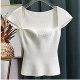 new spring sqaure collar sleeveless knitting pullover slim short high waist top female tank