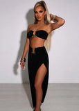 Sexy Strapless Crop Tube Top and High Waist Slit Maxi Skirt 2 Piece