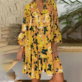 Bohemian Women Dresses Summer Long Sleeve Button Loose Mini Dress Big Swing Boho Dress Printed Vestido 425-0-Outfit