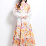 Lady Print Set Of Women's Holiday Style Collar Lantern Sleeves Thin Shirt High Waist Large Swing Long