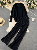 Fashion Casual Knitted Sets Winter Women Long Sleeve Irregular Pullovers+ Wide Leg Pant Loose Sweater Two Pieces