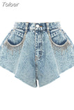 Fashion Women's Denim Shorts New High Waist Loose Straight Metal Tassel Streetwear Short Jeans Female Summer 2023