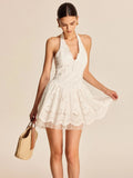 New Women's White Lace Dress French Sleeveless Hanging Neck V-Neck