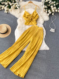 Summer Women Pleated Two Piece Set Sexy Female Criss Cross Twist Strap Tops + High Waist Draped Pants Beach Suits Vacation