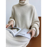 Women's Roll Collar Turtleneck Lantern Sleeves Knitted Dress Purple Gray White Brown Straight Sweater
