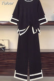 Women's Knitted Two Piece Suits Color Contrast Loose Pullover Sweater Jumpers And Wide Leg Pants Plus Szie