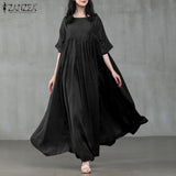 ZANZEA 2022 Vintage Summer Maxi Dress Women's Pleated Sundress Half Sleeve Long Vestidos Female Casual O Neck Robe