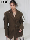 Women Brown Big Size Belted Ribbon Blazer New Lapel Long Sleeve Loose Fit Jacket Fashion Tide Spring Autumn 2023
