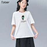 Women T-shirts 2022 Summer Short Sleeve O Neck Loose Tees Cartoon Pattern Pure Cotton Casual Chic