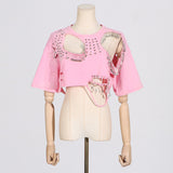 Toloer Fashion Wind Top 2024 New Fashion Round Collar Hole Pin Design Sense Short T-Shirt Women-Outfit