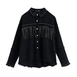 Stylish Fringe Beaded Loose Denim Jacket Coat Women Fashion Long Sleeve Frayed Trim Ladies Outerwear Chaqueta